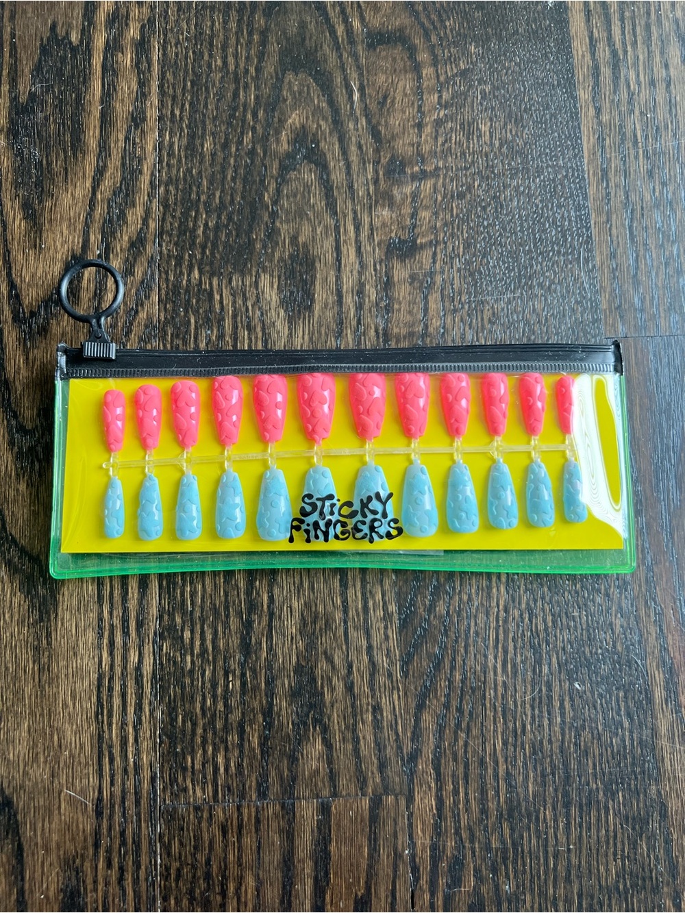 Sticky Fingers Blue and Pink Press-On Nail Set in Clear Zip Pouch Hand Painted - Picture 3 of 4